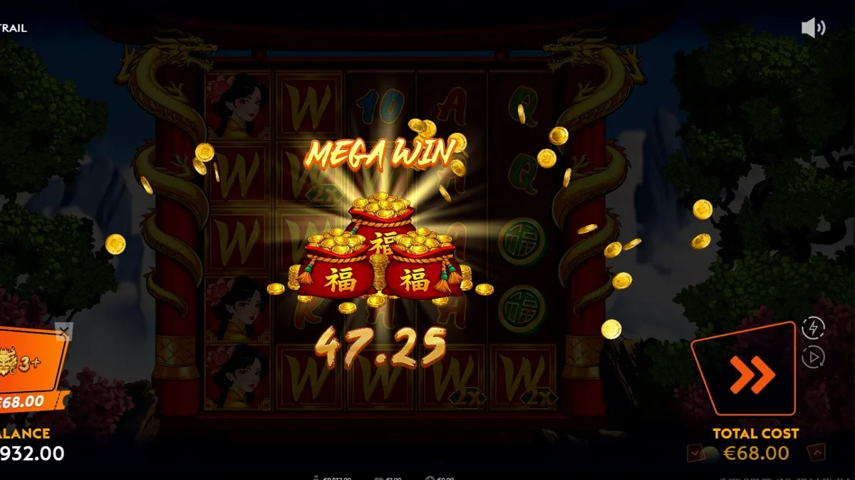 Interface do jogo de slot Dragon Trail com dragões dourados e pagodes