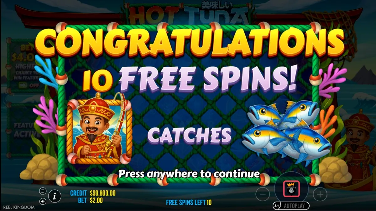 O pescador em trajes dourados e vermelhos no slot Hot Tuna